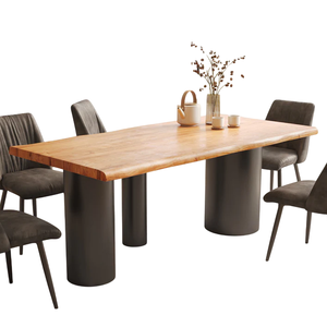 โต๊ะรับประทานอาหารทรงบาร์เรล ดีไซน์อุตสาหกรรม แข็งแรงทนทาน ทำจากไม้กระถินเทศแท้ ขอบไม้ธรรมชาติ ขาเหล็กสีดำและสีธรรมชาติ เหมาะสำหรับบ้านและห้องครัว - Product Image 5