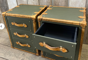 Vintage Green Leather Trunk Drawer Cabinet Antique <b>Storage</b> Chest Brass Studded Wooden <b>Sideboard</b> Home Furniture - Product Image 4