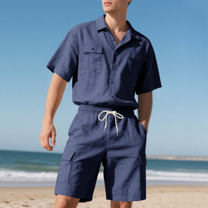 Ensemble chemise décontractée en coton gris pour homme, manches courtes, boutonnée, avec short cargo, tenue d'été respirante en tissu tissé - Product Image 3