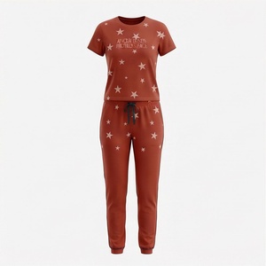 Conjunto de pijama de punto de 2 piezas para mujer con estampado de estrellas, top de manga corta y pantalones largos, cuello redondo, ropa informal para todas las estaciones - Product Image 1