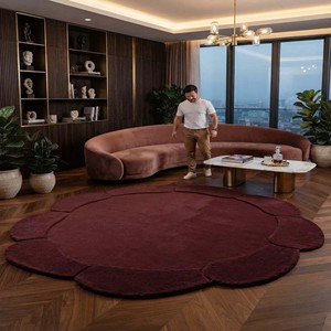 Tapis moderne bordeaux de forme originale, en peluche tuftée à la main, avec envers antidérapant en caoutchouc, pour salon, en laine, couleur unie - Product Image 2