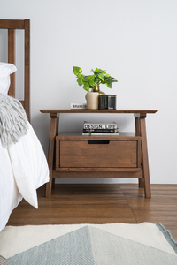 Japandi <b>Walnut</b> Wooden Side Bed <b>Table</b> with Floating Storage Drawer in Rubberwood for Bedroom and Hospitality Projects - Product Image 6