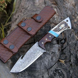 Couteau de chasse et de camping à lame fixe en acier Damas forgé à la main, pointe tombante, crochet à viande, manche en bois de cerf, OEM - Product Image 1
