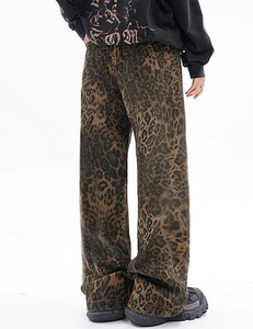 Pantalones Vaqueros Anchos Personalizados con Estampado de Leopardo, Transpirables, Ligeros, de Cintura Media, Corte Holgado, Estilo Casual Urbano para Hombre, Color Marrón con Patrón - Product Image 5