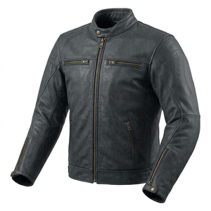 Blouson de moto en cuir de vachette de luxe, coupe ajustée, col montant, fermeture éclair, style mode - Product Image 1
