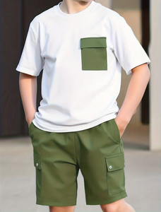 New Summer 2pcs Casual Boys' Cargo Shorts Set White Short Sleeve T-shirt Army Green Multi-Pocket Shorts (Breathable Quick-Dry) - Product Image 5