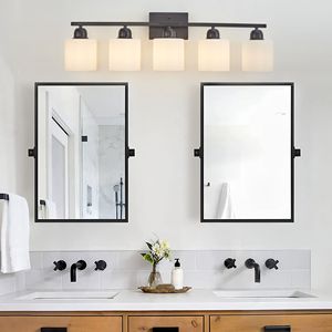 5 <b>Light</b> Modern Bathroom <b>Vanity</b> <b>Light</b> <b>Mirror</b> Black and Milky White Frosted Glass Shades E26 Wall Sconces - Product Image 3
