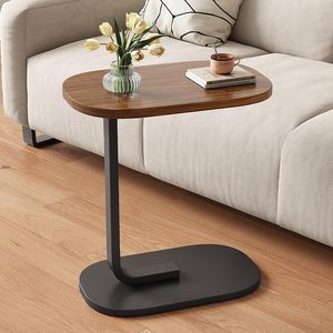 Modern <b>C</b>-Shape Solid Teak Wood End <b>Table</b> with Metal Frame Finished with Black Powder Coating - Product Image 1