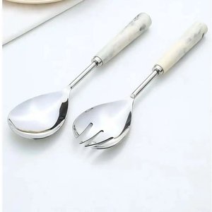 American Style Metal Spoon & Fork Set With Brass Gold Leaf Design Handle for Hotels Tabletop Silver Salad <b>Server</b> On Sale - Product Image 2