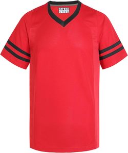 Maillot de sport à sublimation rouge à col en V et manches courtes avec rayures noires, en polyester à séchage rapide, chemise décontractée pour l'été, ODM - Product Image 1