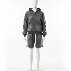 <b>Men</b> Washed <b>Grey</b> Hooded Zip Up Tracksuit Set Print Loose Fit <b>Hoodie</b> Shorts 2 Piece Streetwear - Product Image 3