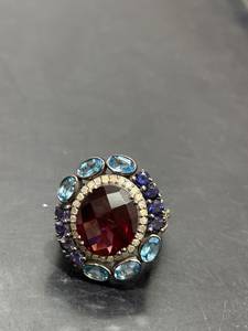 Luxury Women's Cocktail <b>Ring</b> 925 Silver Natural Stone Ruby Oval Cut with Blue Gemstones Prong Setting Flower Design Engagement - Product Image 5