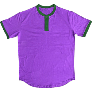 เสื้อยืดแขนสั้นสีเขียวมะนาวสำหรับผู้ชาย แต่งขอบสีม่วง ดีไซน์คอกลมแบบลำลอง ผ้าถัก สีพื้น - Product Image 3