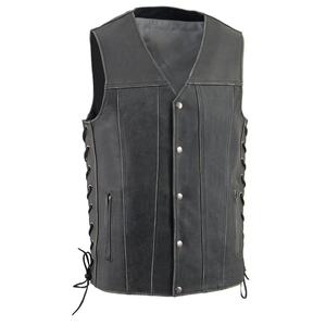 Gilet en cuir véritable pour homme, noir, sans manches, style motard, personnalisable, boutons sur le devant, lacets sur les côtés, gilet de motard tendance - Product Image 6