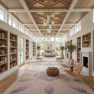 Alfombra Moderna de Lana de Nueva Zelanda Hecha a Mano, Mandala Geométrica Tallada a Mano en Morado y Beige con Ramas de Plumas, Tamaño Grande - Product Image 5