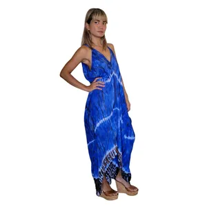 Vestido largo de rayón azul con efecto tie-dye para mujer, cuello en V profundo, sin mangas, espalda descubierta, estilo bohemio, vestido largo fluido para la playa - Product Image 4