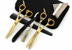 Professional <b>Hot</b> Selling Gold Plated Japan Stainless Steel Right-Handed Long Handle Hair Cutting Barber Scissors Set <b>Comb</b> Razor - Product Image 4
