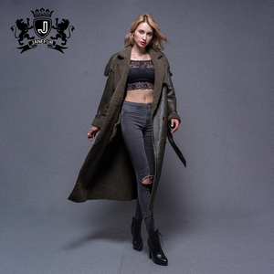 JANEFUR Women's Long Leather Trench <b>Coat</b> Turn-down Collar Faux Fur Lining Winter Moto Biker Style Slim Fit - Product Image 1