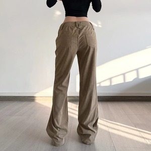 Women's Corduroy Loose Pants Style Brown Low Rise Flare Patchwork Pockets Plain Dyed 100% Polyester Breathable - Product Image 4