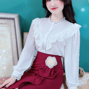 Wholesale Ladies Solid Color <b>Blouse</b> Lace Frill Collar V Shaped Ruffle <b>Long</b> Sleeve <b>for</b> Autumn Office Wardrobe and Boutique Retail - Product Image 3