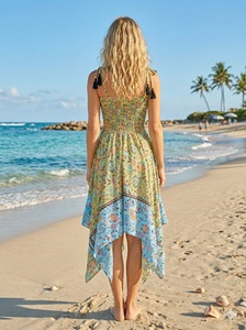 Vestido Midi Bohemio Floral para Mujer con Cuello Atado, Tirantes Finos, Volantes, Dobladillo Asimétrico, Holgado, Línea A, de Seda Antiarrugas, Casual de Verano - Product Image 6