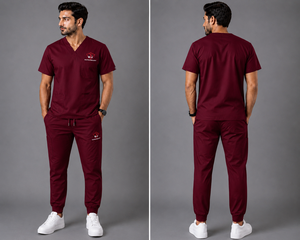 WAPRO INDUSTRY Men's <b>Maroon</b> V-Neck Scrub Set Cotton Polyester Woven Hospital Uniforms - Product Image 5