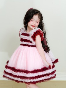 เดรสเจ้าหญิงผ้าโปร่งสีชมพูสุดหรูสำหรับเด็กผู้หญิง-ลายทางมีระบายกระโปรงเต็มชุดงานเลี้ยงวันเกิดและชุดในโอกาสทางการ - Product Image 3
