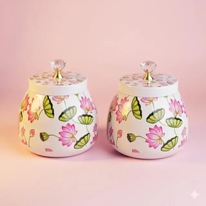 Stylish Home Metal Pichwai <b>Jar</b> with Tray Antique Style <b>Decorative</b> Storage Container for Gifting - Product Image 2