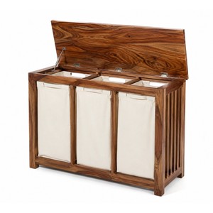 Panier à linge en bois de Sheesham à 3 compartiments, fait main, vente en gros Inde - Product Image 1