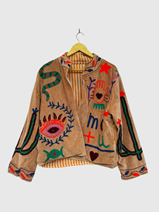 Veste en velours brodée à la main, manches longues, col montant, style ample, pour l'automne, taille adulte, grande taille, longueur normale, doublure en polyester - Product Image 1