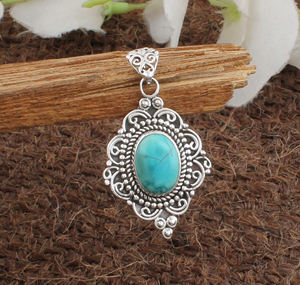 Wholesale Vintage Natural Turquoise Pendant 925 Sterling Silver Platinum Plated Oval <b>Charm</b> Jewelry Bulk Price Factory Direct - Product Image 5