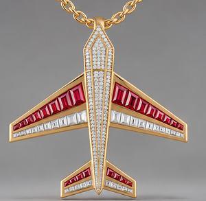 Collier pendentif avion en or avec incrustation de pierres rouges et blanches, chaîne à maillons unisexe, bijoux de mode - Product Image 1