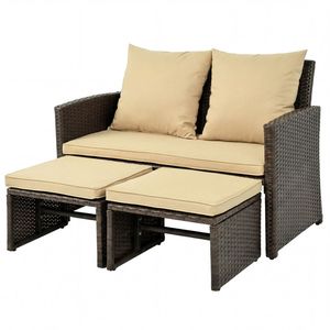 Bellissimo Divanetto da Esterno in Bambù e Rattan Resistente alle Intemperie con 2 Pouf e Cuscini in Schiuma Rimovibili - Product Image 3