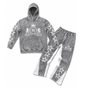 Conjunto de chándal gris con capucha y efecto acid wash, con estrellas blancas y pantalones largos con cordón de 350 gsm, 100% algodón, estilo streetwear. - Product Image 1