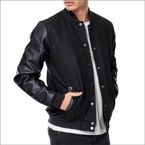 OEM Manufacturer's Custom Logo Varsity Jacket High Quality Premium Leather Black Plain Jacket <b>Warm</b> Leather Sleeves Plus Size Men - Product Image 3