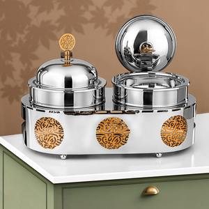 Plat de service de luxe en acier inoxydable double, avec calligraphie arabe découpée au laser, chauffe-plats de buffet avec couvercle roulant pour la restauration haut de gamme - Product Image 2
