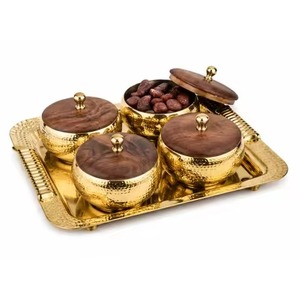Trio de récipients cylindriques métalliques avec poignées latérales, plateau de service décoratif pour la maison, support festif pour bonbons, bol à dattes arabes - Product Image 4