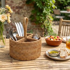 ตะกร้าใส่เครื่องครัวทำด้วยมือทำจากหวายธรรมชาติเป็นมิตรกับสิ่งแวดล้อมอุปกรณ์จัดระเบียบเครื่องใช้บนโต๊ะอาหารสำหรับโต๊ะอาหาร - Product Image 3