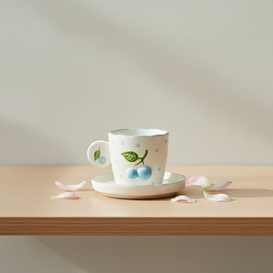 Taza y Platillo de Porcelana Fina de Primera Calidad 3460984C-0.2, Diseño Estampado con Motivos de Arándanos y Puntos - Product Image 4