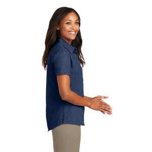 AKA Denim Crest Shirt Women Short Sleeve Button Down Embroidered AKA Casual Denim <b>Top</b> <b>Navy</b> Blue Greek Sorority Wear - Product Image 3