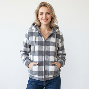 <b>Women</b> Check Hoodie <b>Flannel</b> Zip-Up Casual Full Sleeve Plaid Hooded <b>Jacket</b> With Pockets Winter Wear Cotton Polyester Zipper Hoodie - Product Image 2