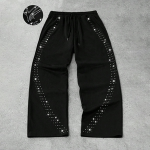 Pantalon de survêtement unisexe OEM personnalisé, délavé à l'acide, avec strass, coupe large, taille élastique, coupe ample, évasé, style streetwear, décontracté pour homme - Product Image 1
