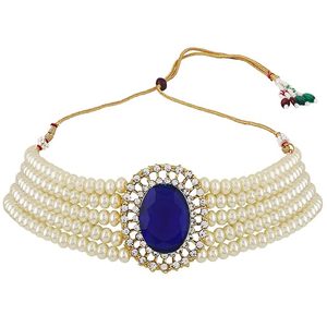 Parure de bijoux de mariée classique en alliage plaqué or rose avec perles d'imitation, collier, boucles d'oreilles et diadème, ornée de cristaux bleus pour femme - Product Image 3