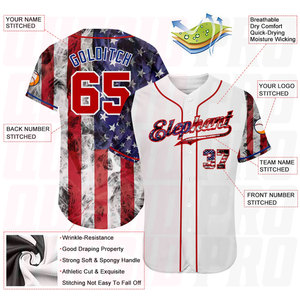 Camiseta de Béisbol Personalizada con Bandera Americana 3D Blanca, Roja y Azul Rey, Impresión por Sublimación, Diseño de Logotipo Personalizado - Product Image 3