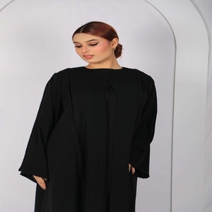 Abaya noire pour femme avec dentelle, manches longues, longueur ras du sol, robe musulmane modeste, col rond, tenue de prière, élégante, mode quotidienne - Product Image 1