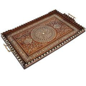 Plateau de service marocain en bois de sheesham et palissandre, fait main, sculpté, avec incrustations en laiton, décoratif pour la cuisine et la maison - Product Image 3