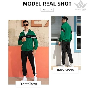 Ensemble de survêtement vert pour homme, veste zippée intégrale et pantalon de jogging noir à cordon de serrage avec poches latérales, vêtements de sport décontractés pour l'automne - Product Image 4
