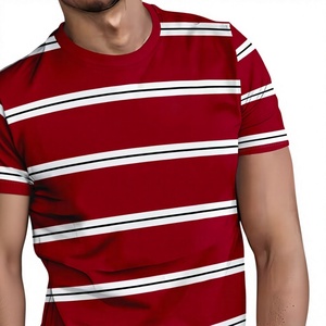 Men's Red Striped Short Sleeve O-Neck Jersey T-Shirt Regular Fit Casual Knitted 220g Regular Length 100% Cotton Breathable - Product Image 2