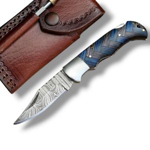 Couteaux pliants en acier damas faits à la main avec étui en cuir, couteaux de poche portables EDC pour la chasse, le camping, la randonnée et les activités de plein air - Product Image 1
