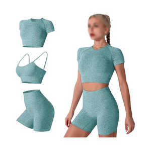 Ensemble de yoga 2 pièces pour femmes, haut court sans couture à taille haute et short, couleur unie, respirant, vêtements de sport, fabrication sur mesure par Twin City - Product Image 2